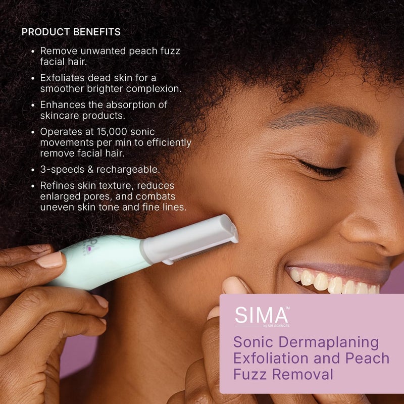 SPA SCIENCES - SIMA Patented Dermaplane Razor for Women Face – Painless 2-in-1 Facial Exfoliation & Peach Fuzz Hair Removal – Anti-Aging – 3 Speeds – Rechargeable – 19 Weeks Treatment - Image 4